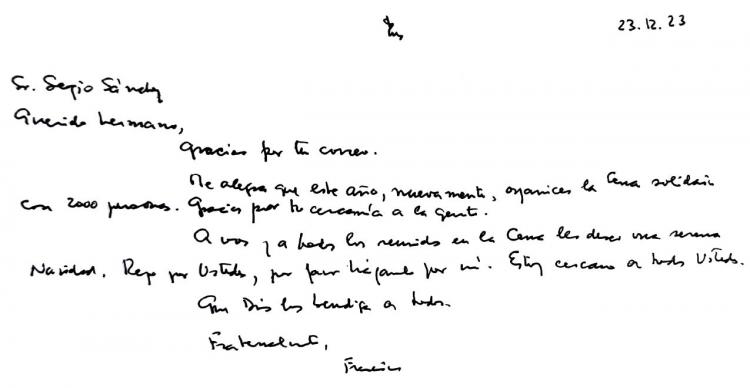 Carta del Papa a los organizadores de la cena solidaria en el Congreso