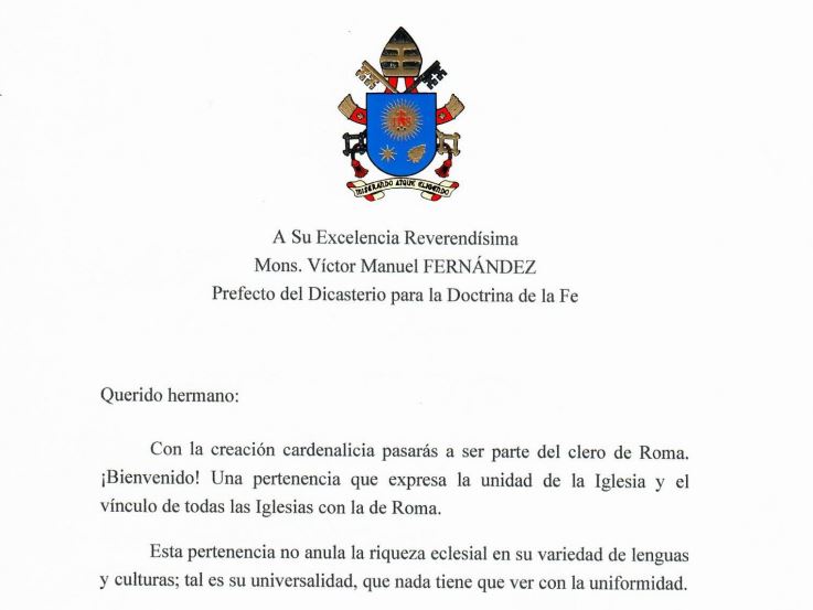 Carta del Papa a Víctor Fernández por su creación cardenalicia